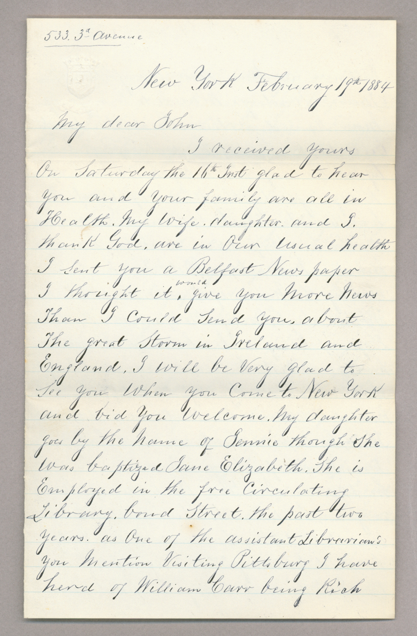 Letter. James Stott, New York, New York, to Mr. John [E.] Brownlee, North Wharton, Pennsylvania, Page 1