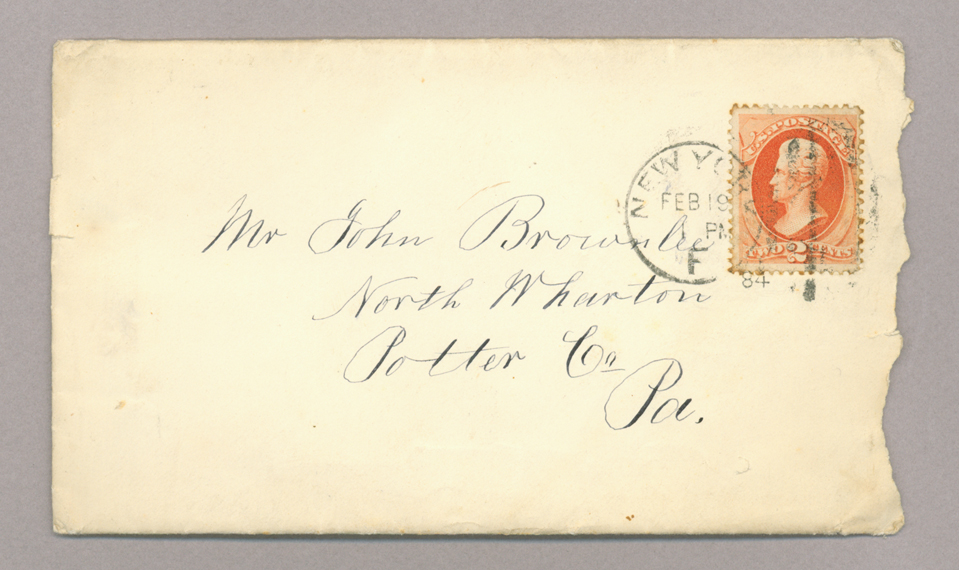Letter. James Stott, New York, New York, to Mr. John [E.] Brownlee, North Wharton, Pennsylvania, Envelope, Side 1