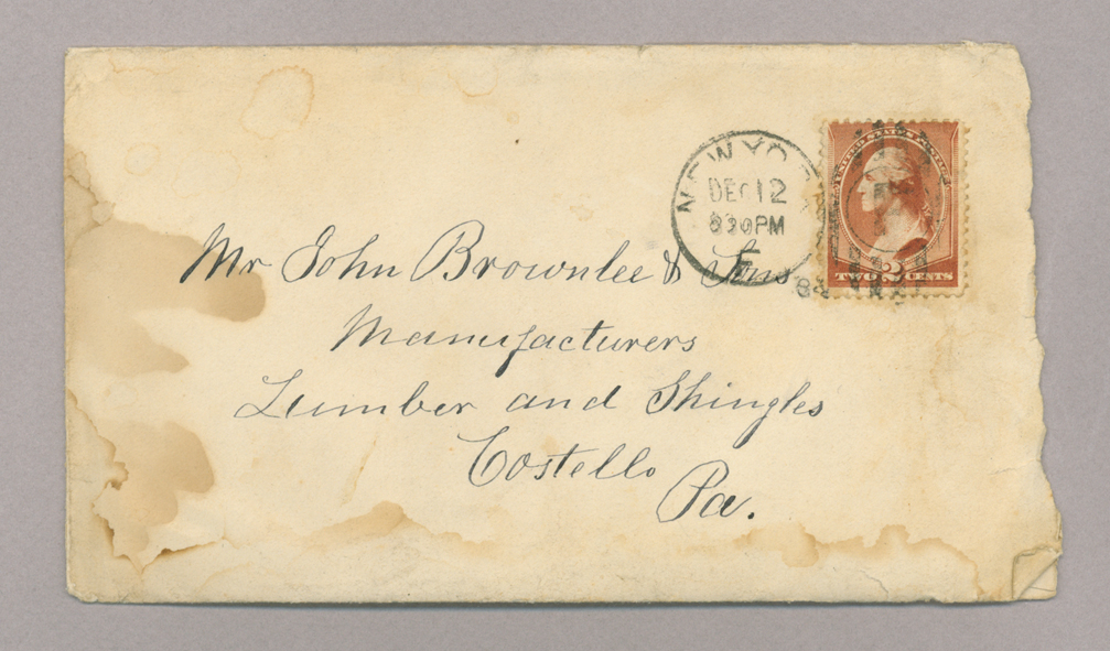 Letter. James Stott, New York, New York, to Mr. John [E.] Brownlee &amp; Sons, Costello, Pennsylvania, Envelope, Side 1
