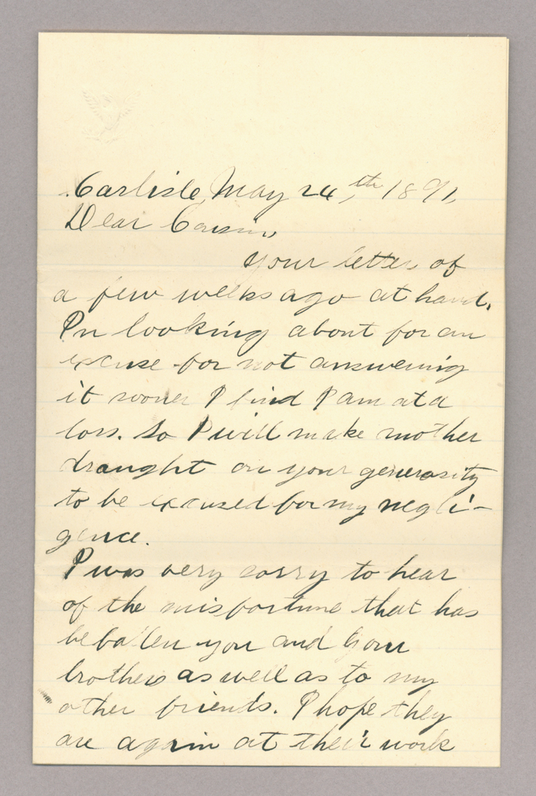 Letter. A. S. Heck, Carlisle, Pennsylvania, to "Prof. L[orenzo] D. Ripple," Costello, Pennsylvania, Page 1