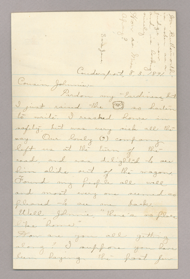 Letter. "Sara Jane," Coudersport, Pennsylvania, to John [E.] Brownlee [Jr.], Costello, Pennsylvania, Page 1