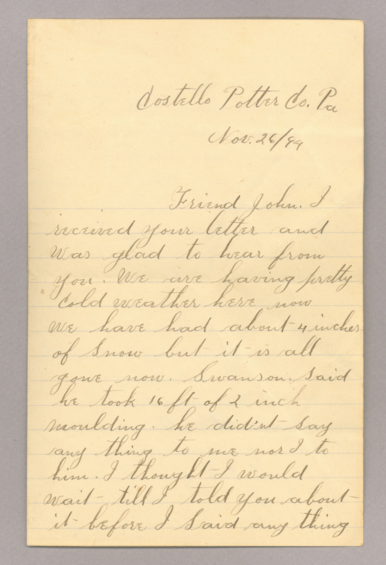 Letter. Josiah Hand, Costello, Pennsylvania, to John E. Brownlee [Jr.], South Newbridge, New Brunswick, Page 1