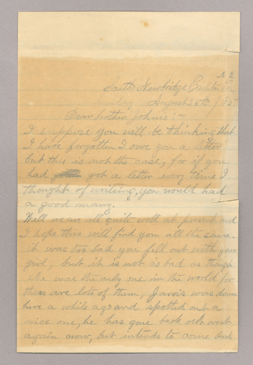 Letter. "Ruth" [Ruth Brownlee ?], South Newbridge, New Brunswick, to John [E.] Brownlee Jr., Costello, Pennsylvania, Page 1