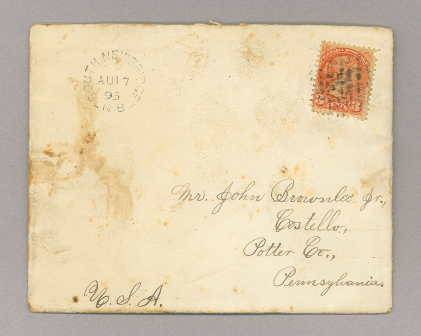 Letter. "Ruth" [Ruth Brownlee ?], South Newbridge, New Brunswick, to John [E.] Brownlee Jr., Costello, Pennsylvania, Envelope, Side 1