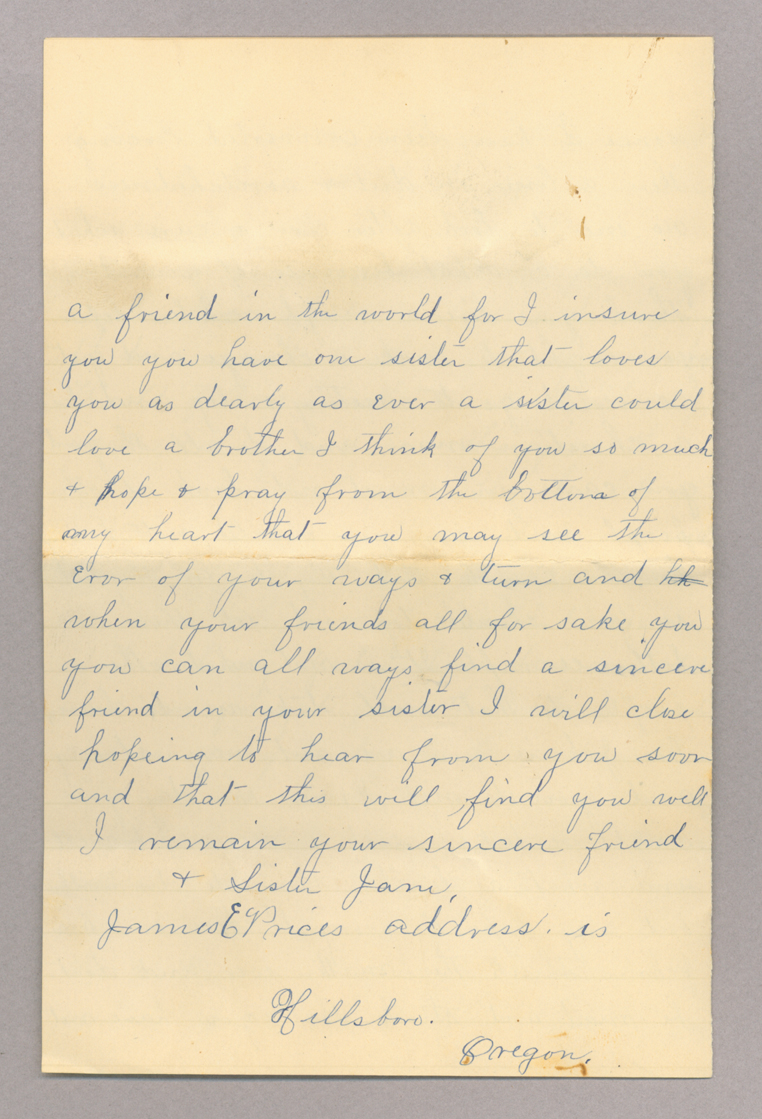 Letter. "[Y]our sincere friend &amp; Sister Jane" [Jane Brownlee ?], South Newbridge, New Brunswick, to Mr. John E. Brownlee [Jr.], Costello, Pennsylvania, Page 4