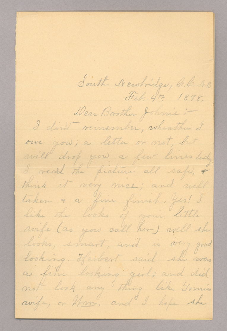 Letter. "[Y]our true Sister Jane" [Jane Brownlee ?], South Newbridge, New Brunswick, to Mr. John E. Brownlee [Jr.], Costello, Pennsylvania, Page 1