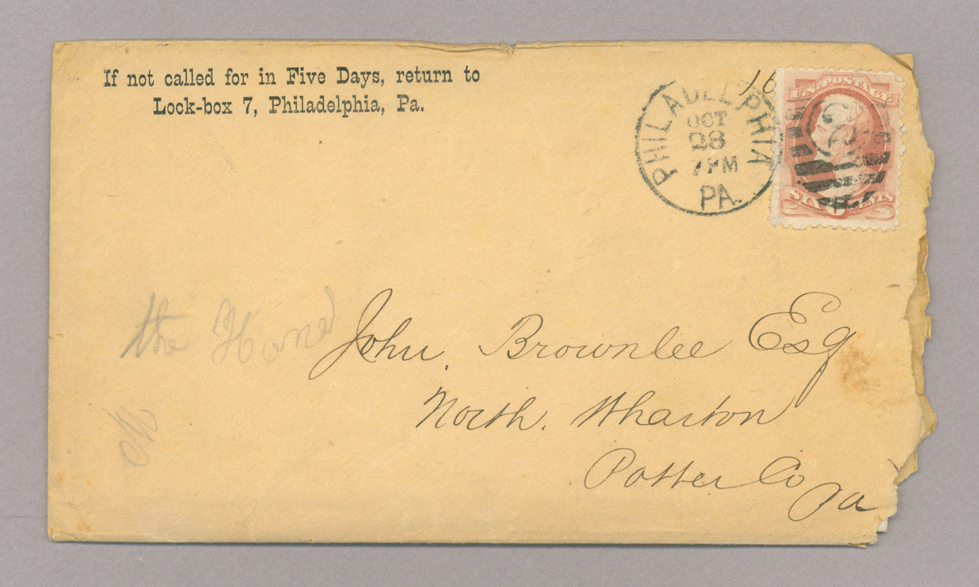 Miscellaneous used envelope, addressed to the Brownlees, Envelope 1, Side 1