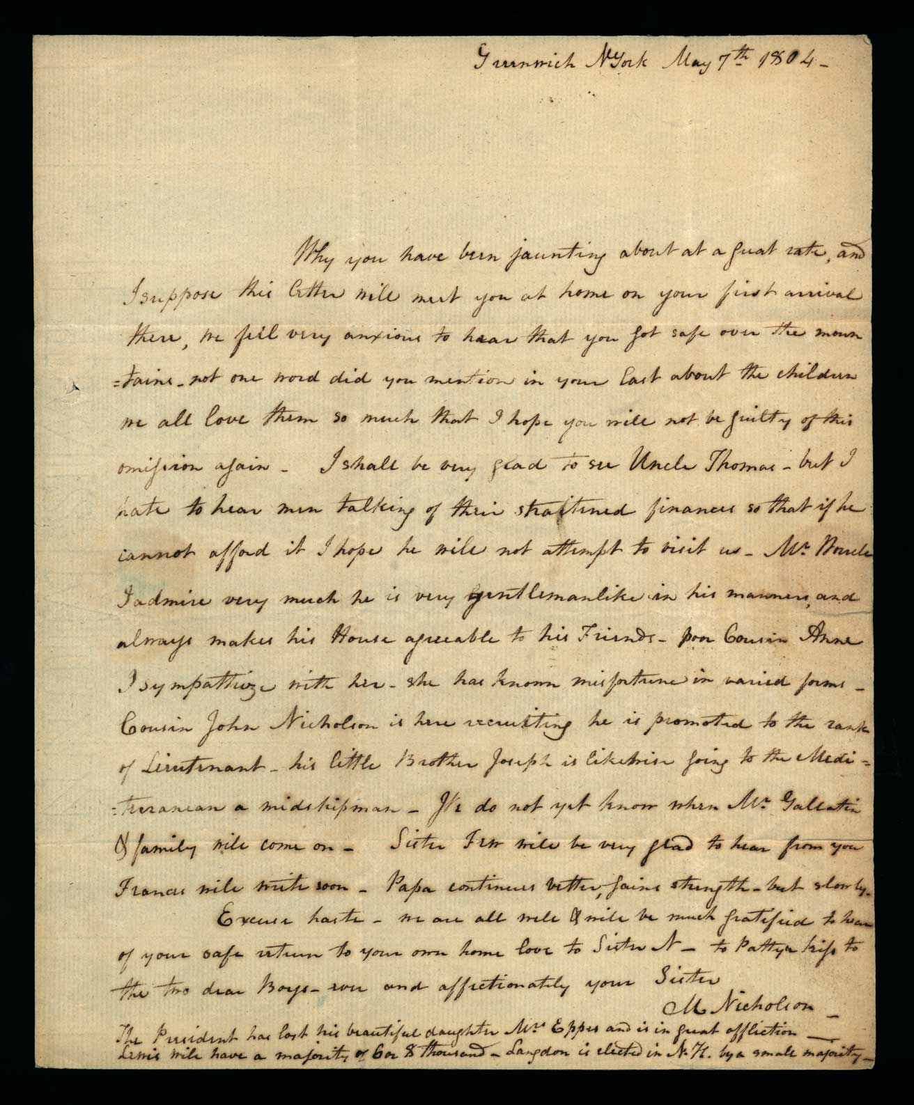 Letter. M[aria] Nicholson, Greenwich, New York, to James W. Nicholson Esqre, New Geneva, Pennsylvania, Page 1