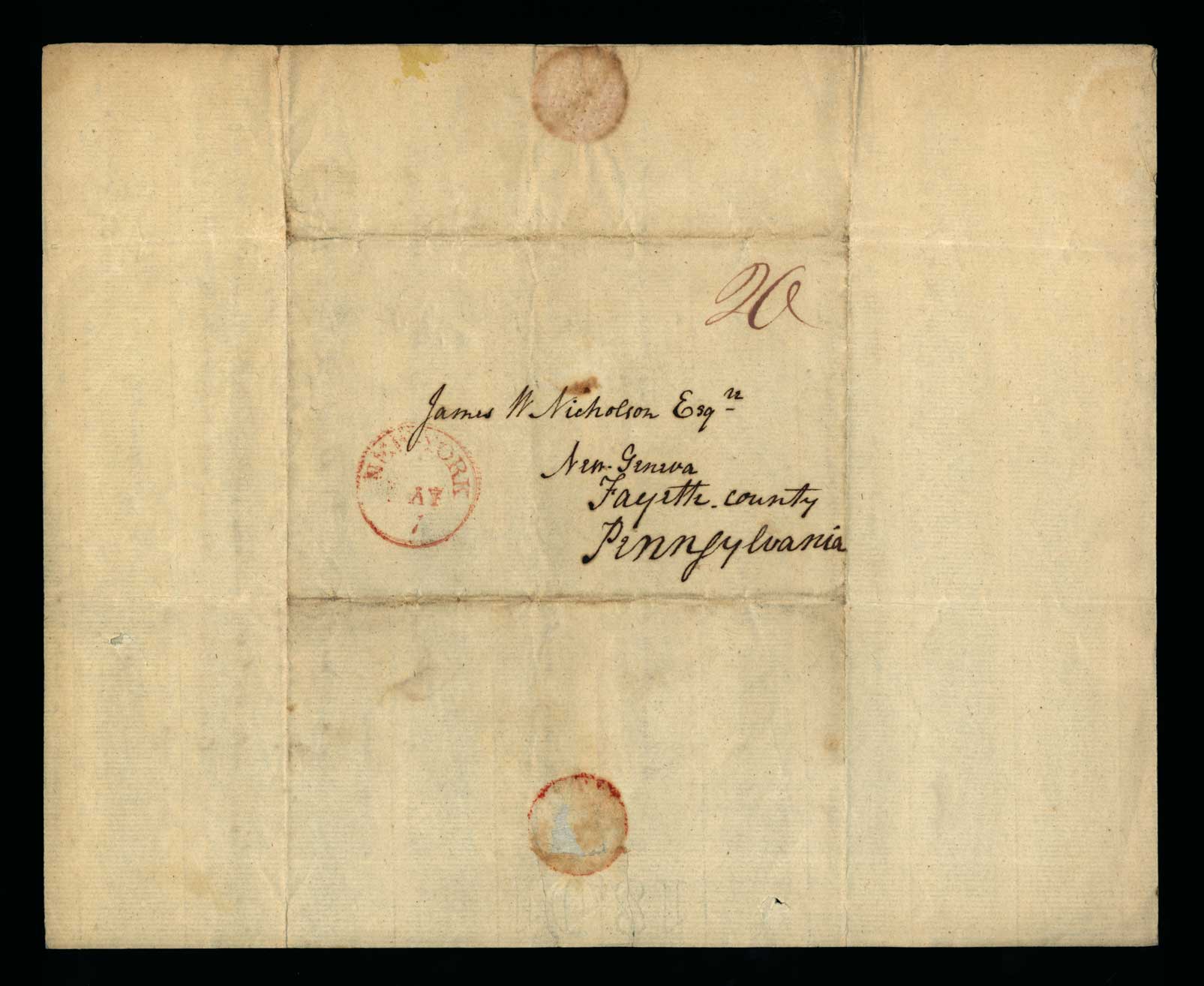 Letter. M[aria] Nicholson, Greenwich, New York, to James W. Nicholson Esqre, New Geneva, Pennsylvania, Address Leaf