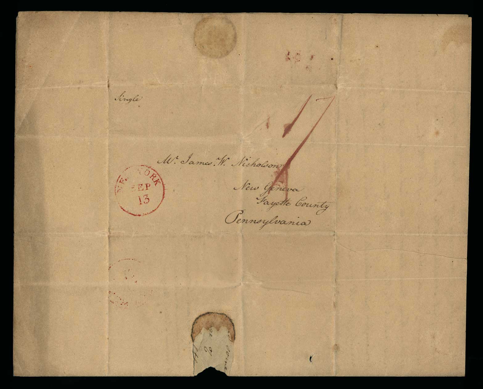 Letter. A[dden] Nicholson, Greenwich, New York, to Mr. James W. Nicholson, New Geneva, Pennsylvania, Address Leaf