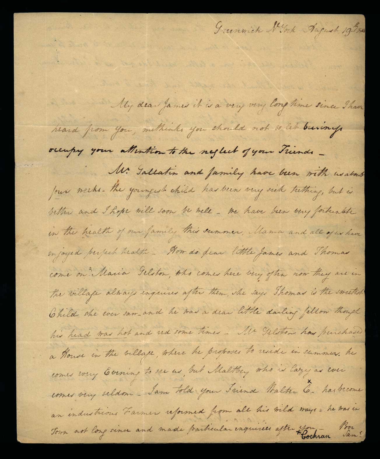 Letter. Maria Nicholson, Greenwich, New York, to Mr James W. Nicholson, New Geneva, Pennsylvania, Page 1
