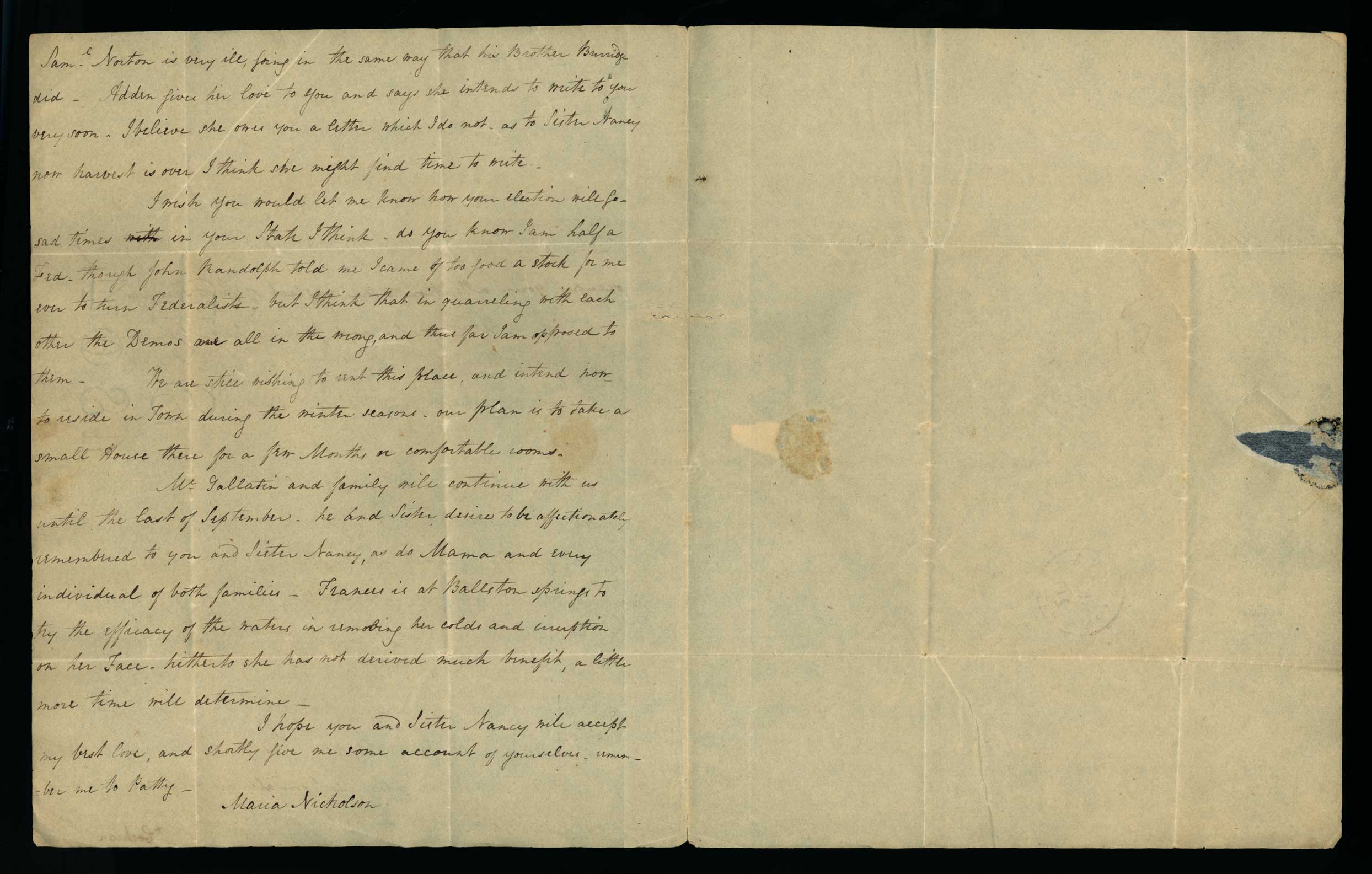 Letter. Maria Nicholson, Greenwich, New York, to Mr James W. Nicholson, New Geneva, Pennsylvania, Page 2