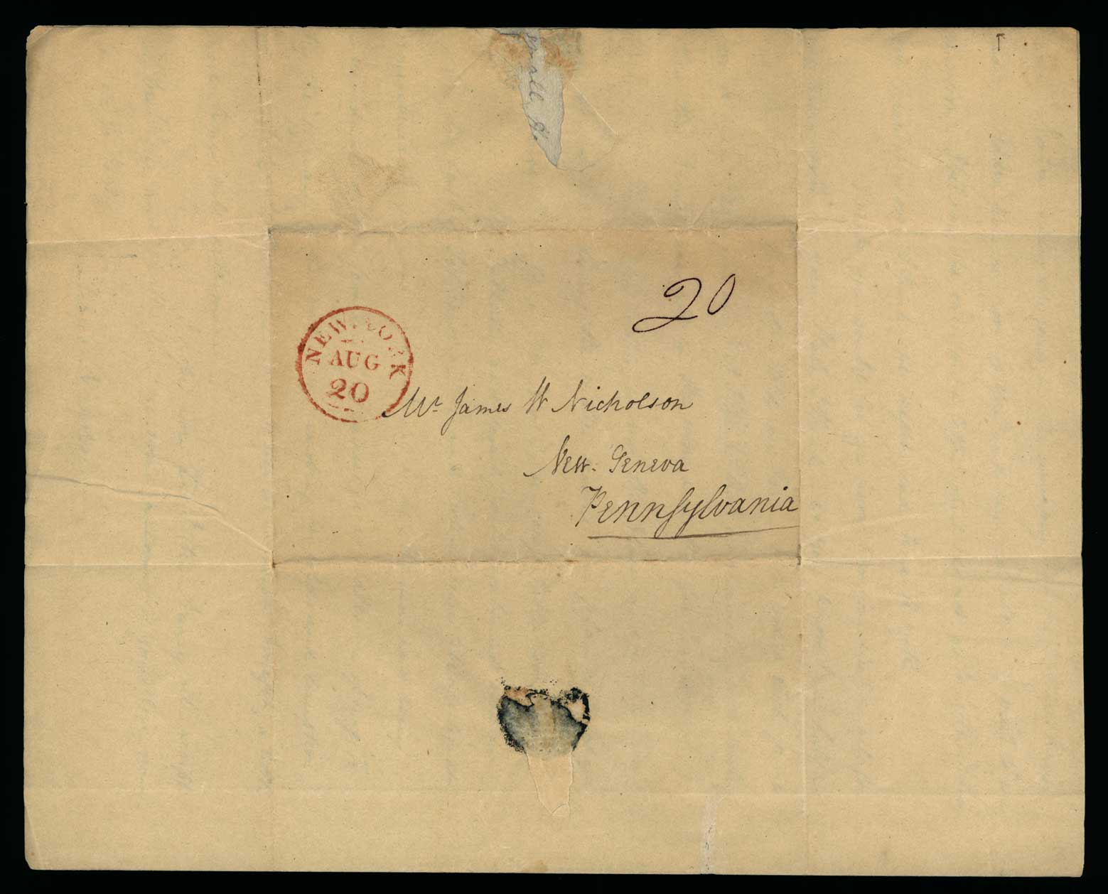 Letter. Maria Nicholson, Greenwich, New York, to Mr James W. Nicholson, New Geneva, Pennsylvania, Address Leaf