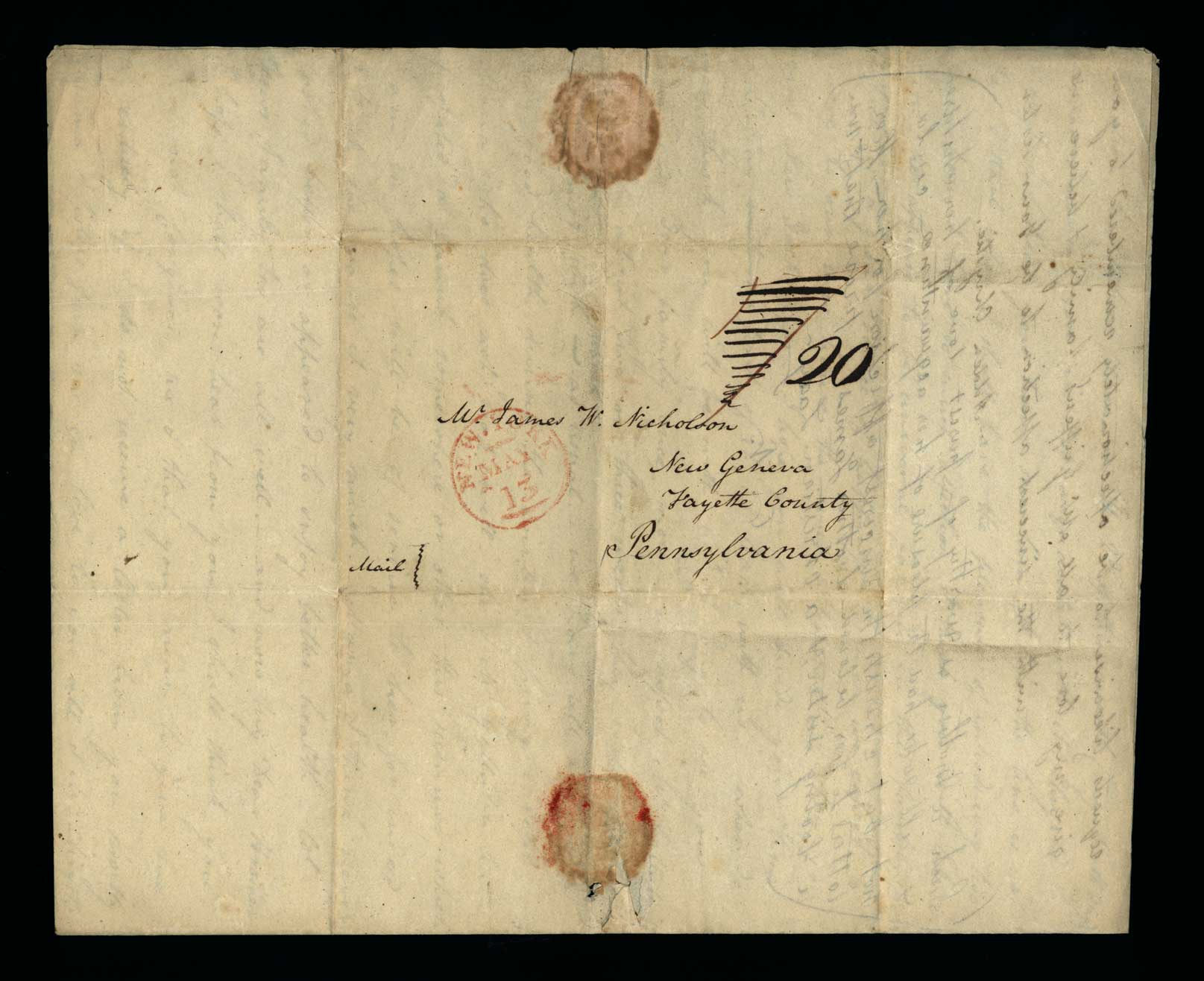 Letter. Adden [Nicholson] Chrystie, New York, New York, to Mr James W. Nicholson, New Geneva, Pennsylvania, Address Leaf