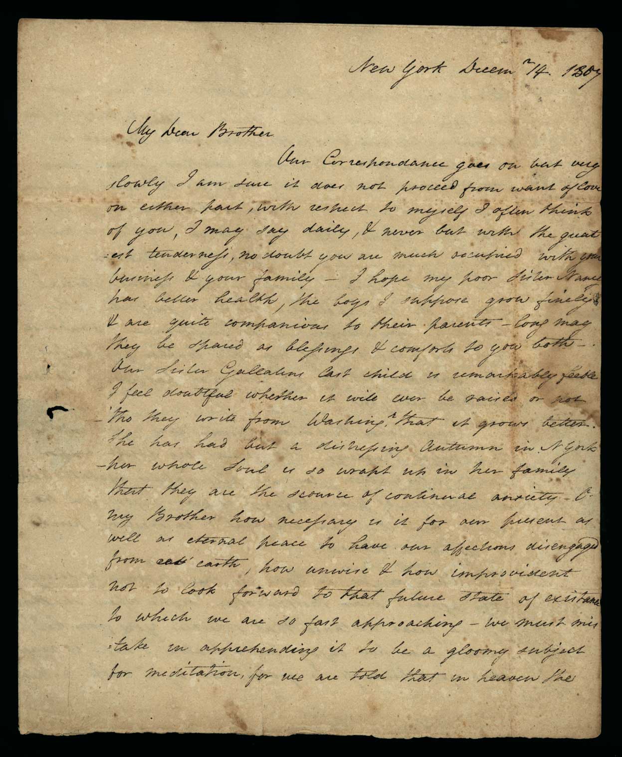 Letter. Catha[rin]e [Nicholson] Few, New York, New York, to Mr James [W.] Nicholson, New Geneva, Pennsylvania, Page 1