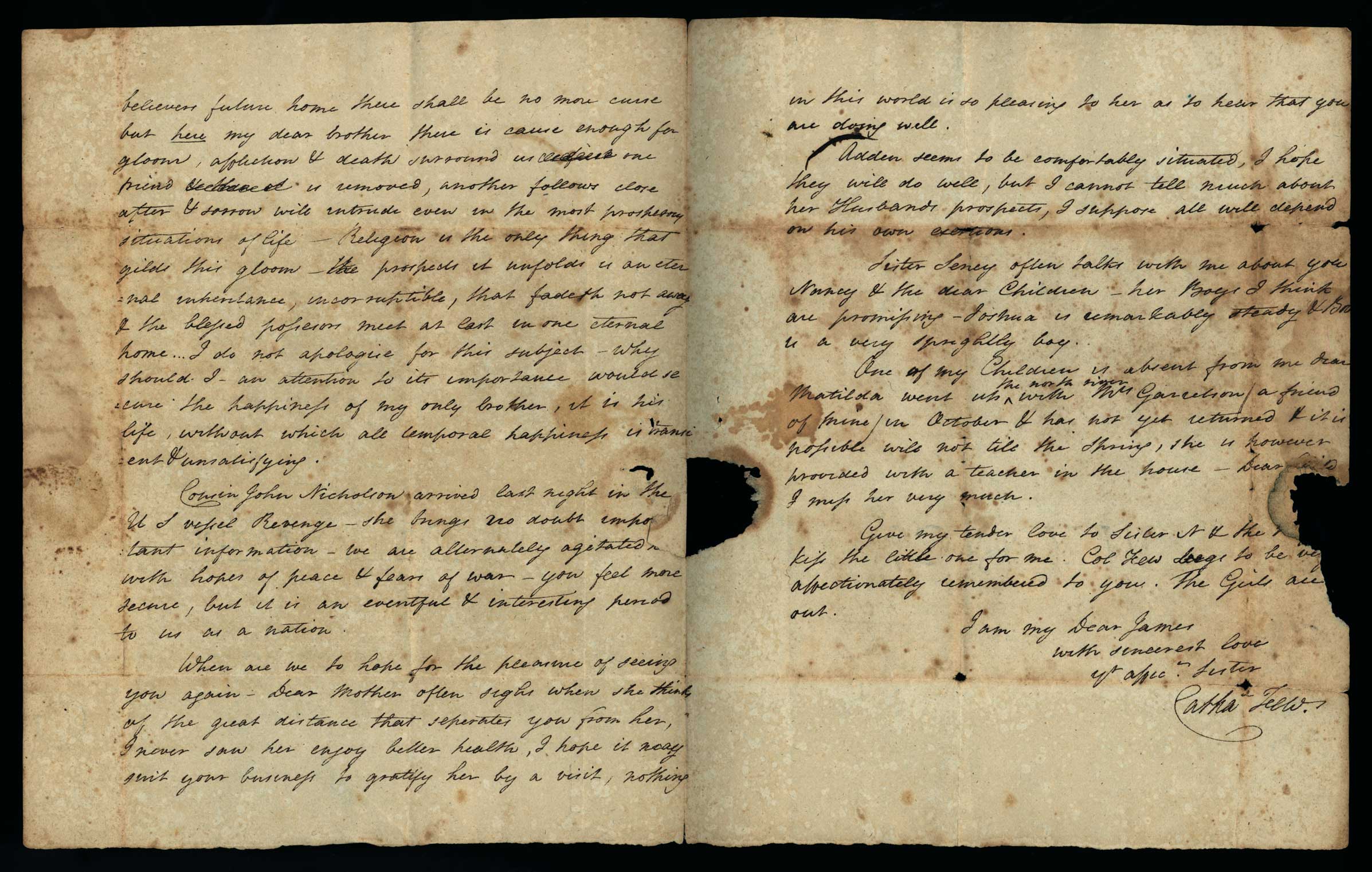 Letter. Catha[rin]e [Nicholson] Few, New York, New York, to Mr James [W.] Nicholson, New Geneva, Pennsylvania, Pages 2 and 3