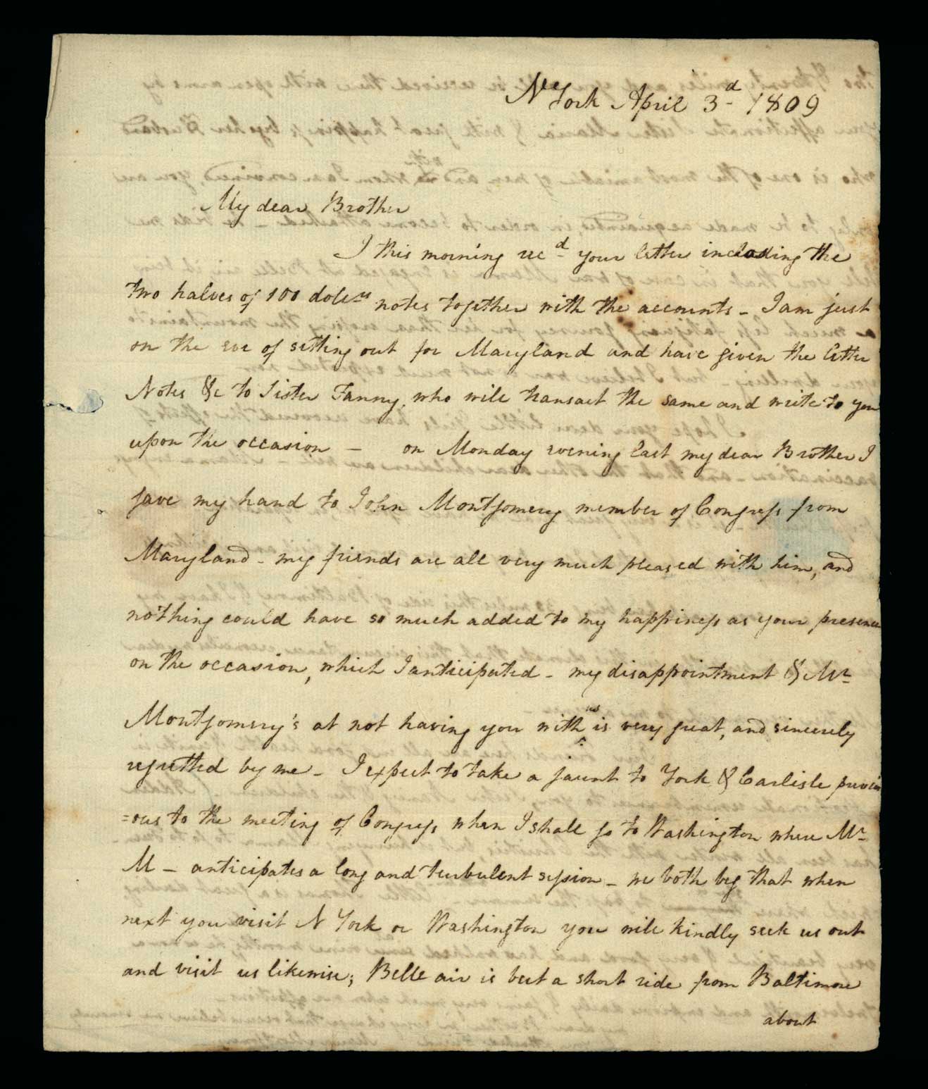 Letter. Maria [Nicholson] Montgomery, New York, New York, to James W. Nicholson Esqre, New Geneva, Pennsylvania, Page 1