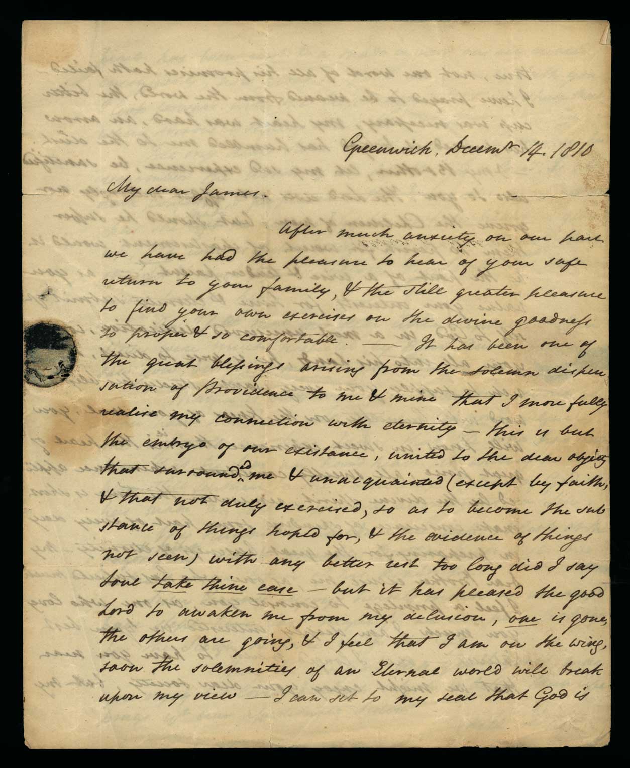 Letter. Catha[rin]e [Nicholson] Few, Greenwich, New York, to Mr James W. Nicholson, New Geneva, Pennsylvania, Page 1