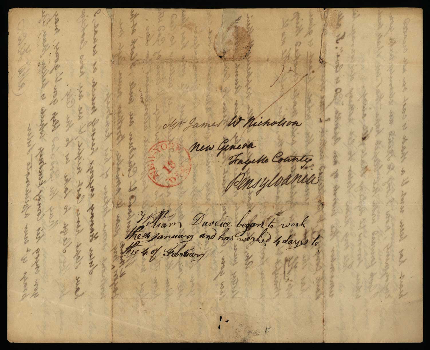 Letter. Catha[rin]e [Nicholson] Few, Greenwich, New York, to Mr James W. Nicholson, New Geneva, Pennsylvania, Address Leaf