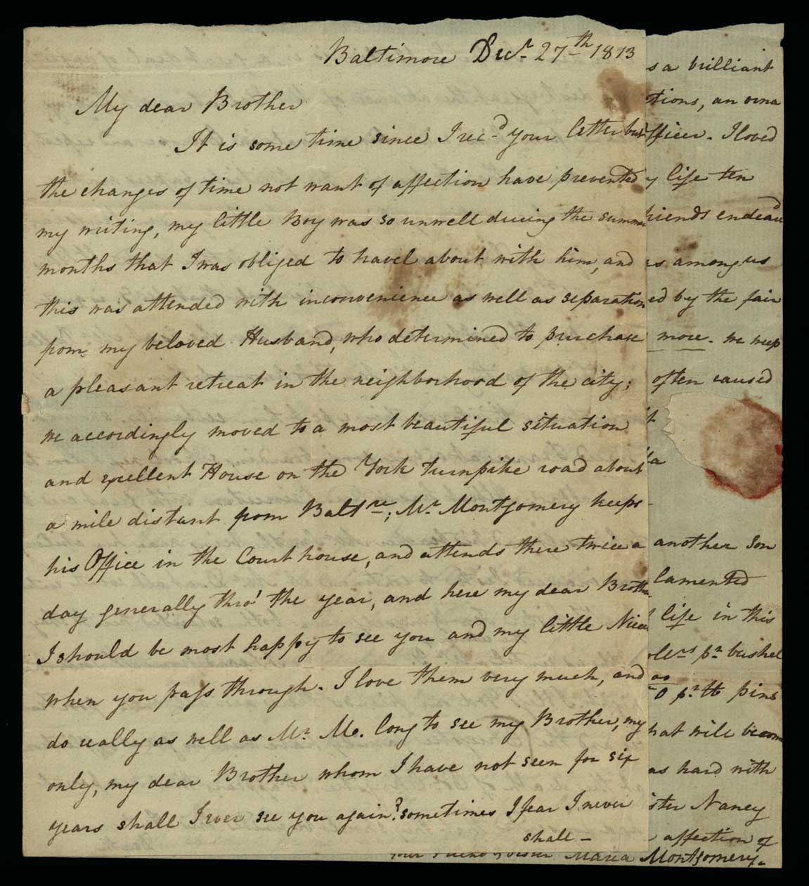 Letter. Maria [Nicholson] Montgomery, Baltimore, Maryland, to James W. Nicholson Esqre, New Geneva, Pennsylvania, 1873 December, Page 1
