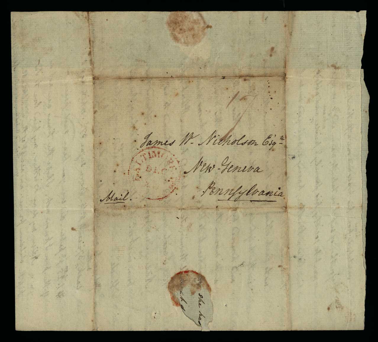 Letter. Maria [Nicholson] Montgomery, Baltimore, Maryland, to James W. Nicholson Esqre, New Geneva, Pennsylvania, 1873 December, Address Leaf
