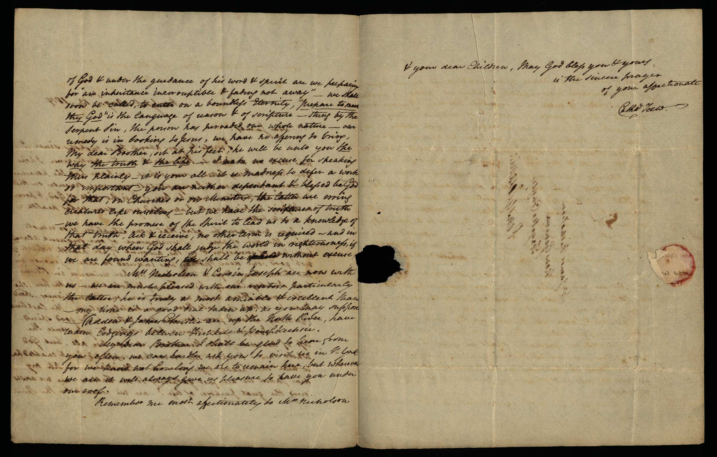Letter. Catha[rin]e [Nicholson] Few, New York, New York, to Mr James [W.] Nicholson, New Geneva, Pennsylvania, Pages 1 and 2