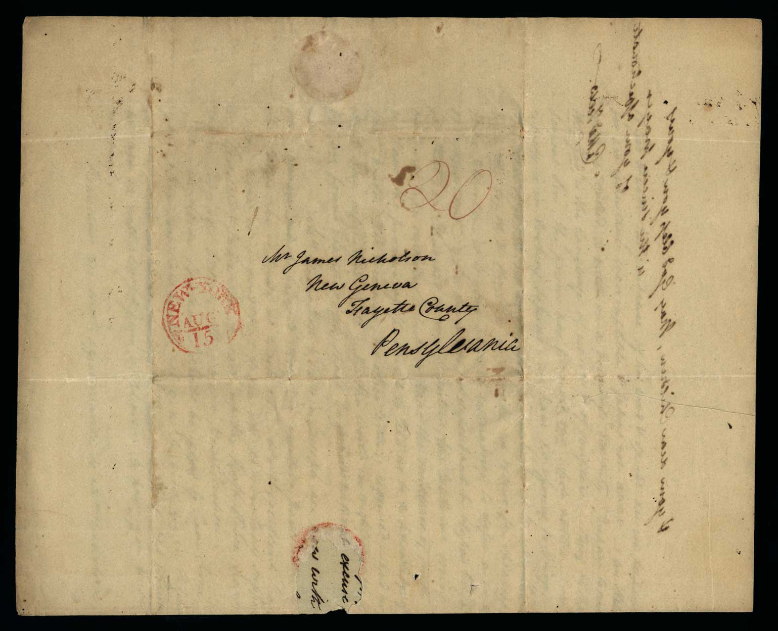 Letter. Catha[rin]e [Nicholson] Few, New York, New York, to Mr James [W.] Nicholson, New Geneva, Pennsylvania, Address Leaf