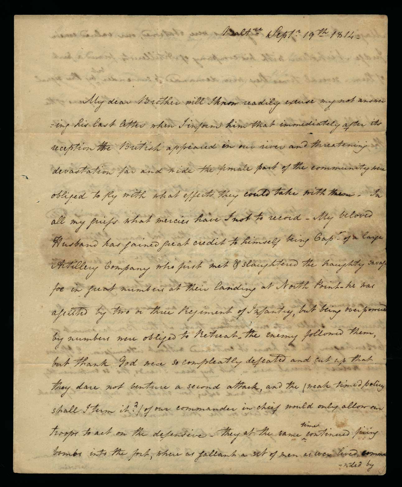 Letter. Maria [Nicholson] Montgomery, Baltimore, Maryland, to Mr James W. Nicholson, New Geneva, Pennsylvania, September 1814 Page 1