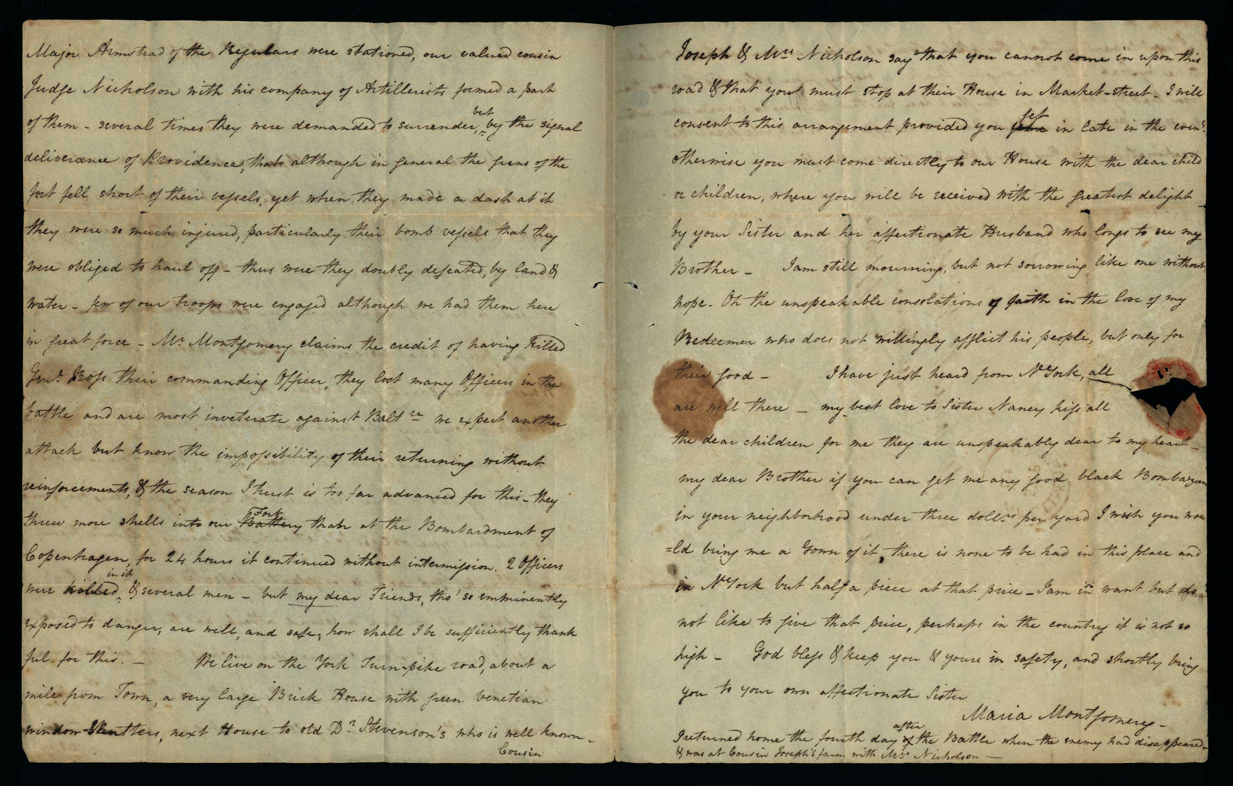 Letter. Maria [Nicholson] Montgomery, Baltimore, Maryland, to Mr James W. Nicholson, New Geneva, Pennsylvania, September 1814 Pages 2 and 3