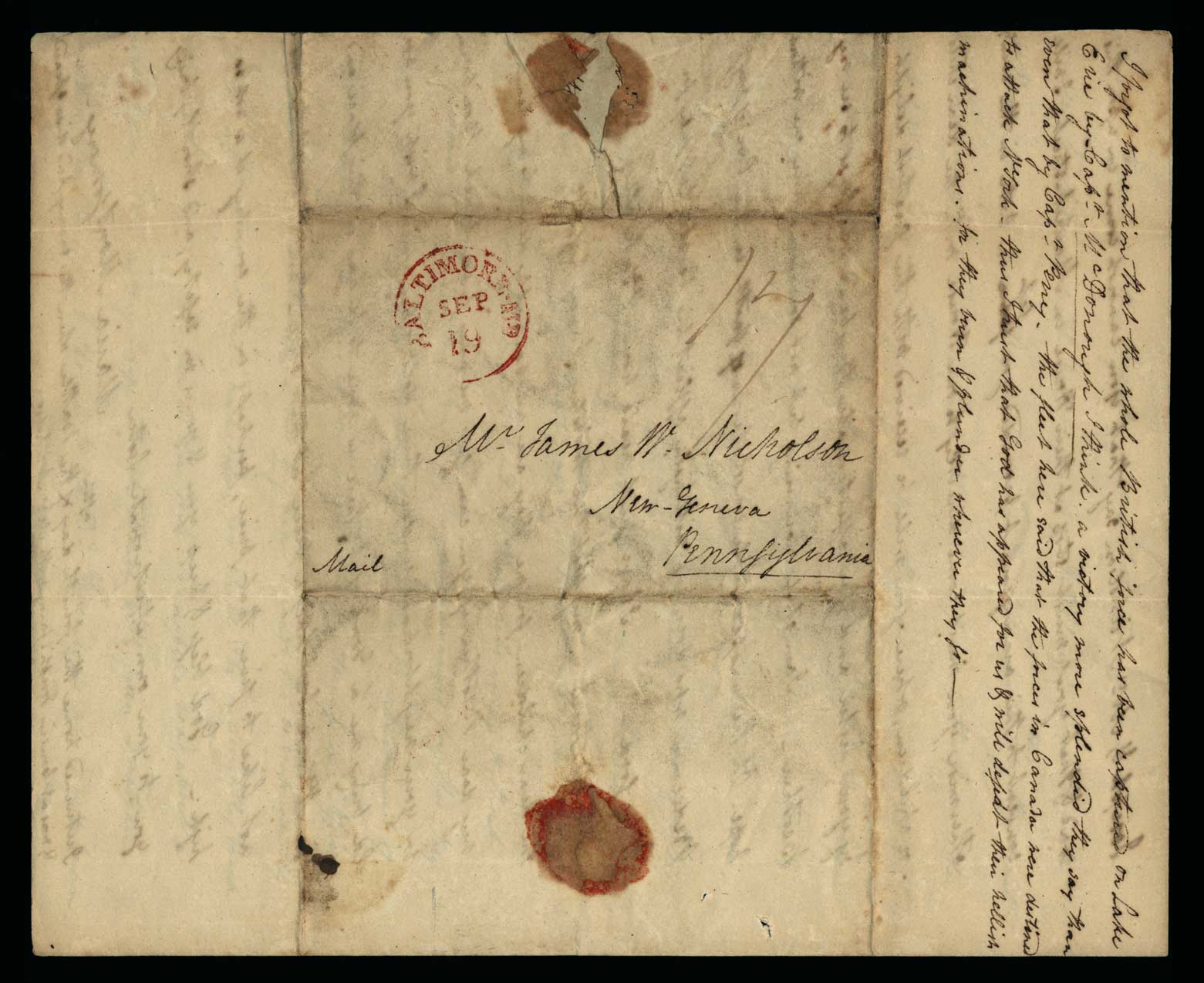 Letter. Maria [Nicholson] Montgomery, Baltimore, Maryland, to Mr James W. Nicholson, New Geneva, Pennsylvania, September 1814 Page 4 and Address Leaf