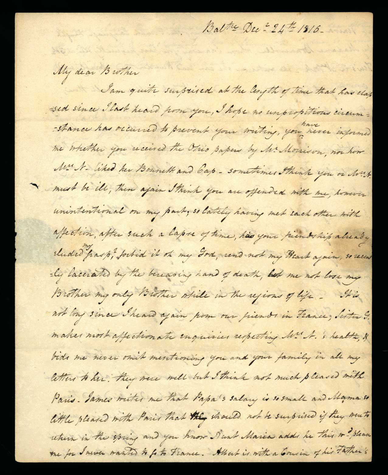 Letter. Maria N[icholson] Montgomery, Baltimore, Maryland, to James W. Nicholson Esqre, New Geneva, Pennsylvania, 1816, Page 1