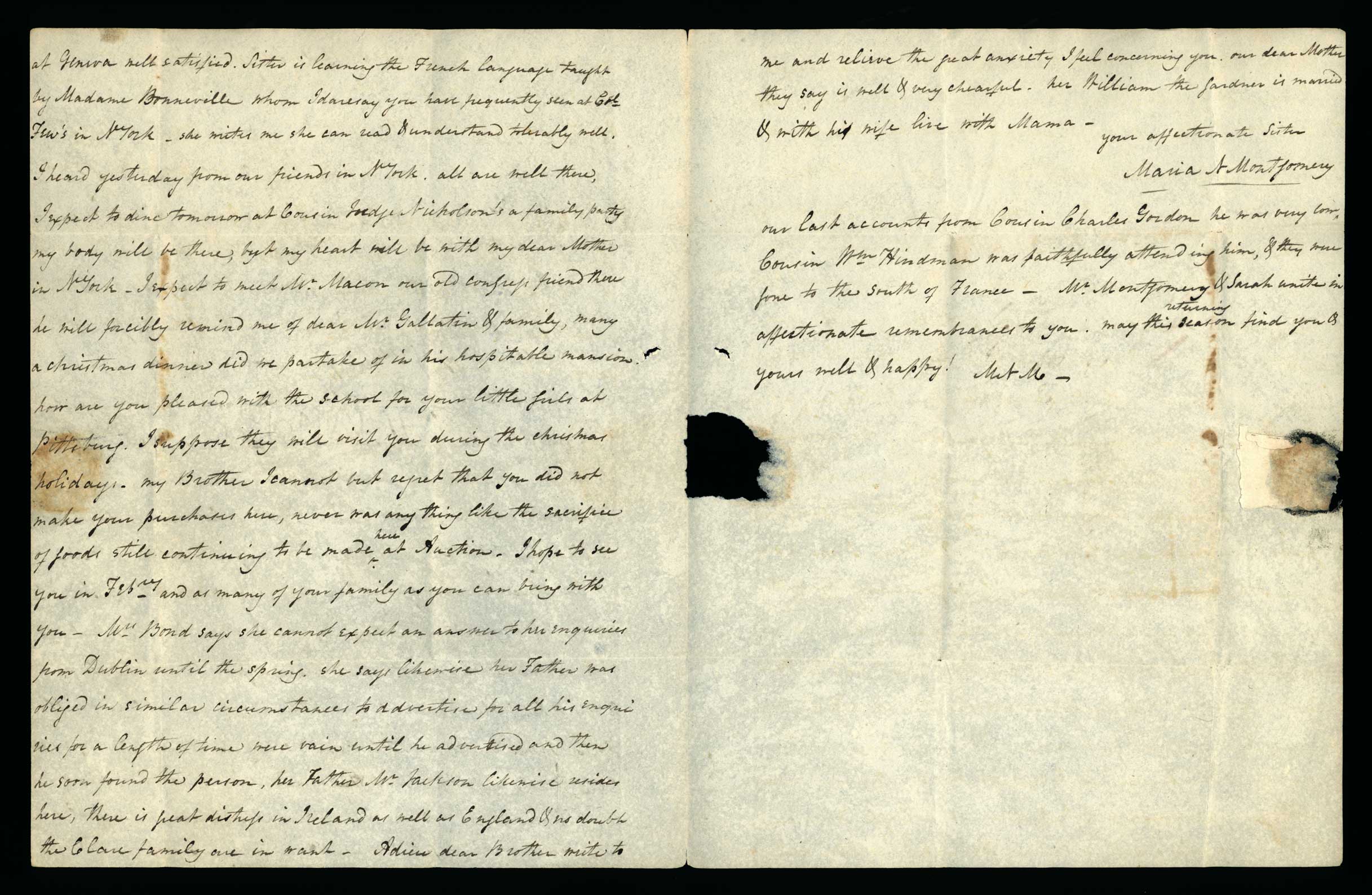 Letter. Maria N[icholson] Montgomery, Baltimore, Maryland, to James W. Nicholson Esqre, New Geneva, Pennsylvania, 1816, Pages 2 and 3