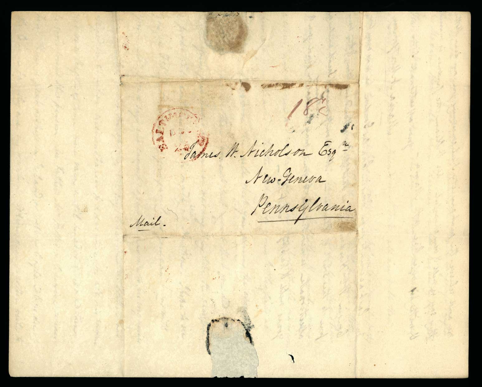 Letter. Maria N[icholson] Montgomery, Baltimore, Maryland, to James W. Nicholson Esqre, New Geneva, Pennsylvania, 1816, Address Leaf