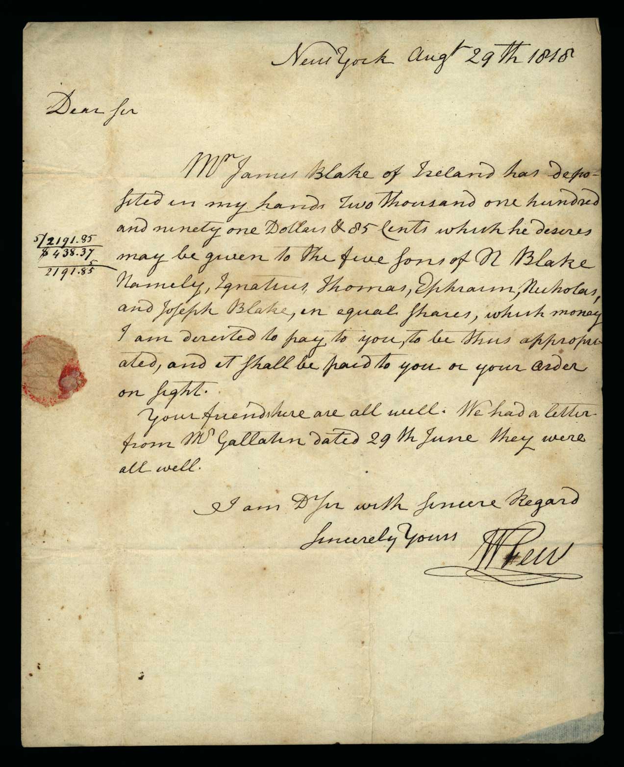 Letter. W[illiam] Few, New York, New York, to Mr James W. Nicholson, New Geneva, Pennsylvania, Page 1