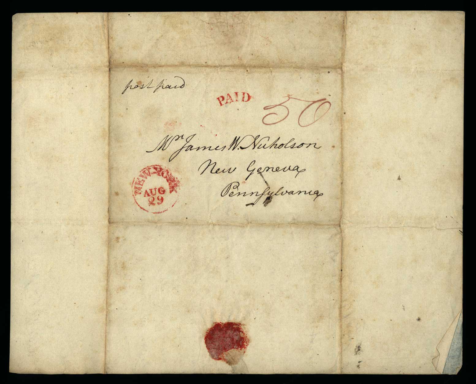 Letter. W[illiam] Few, New York, New York, to Mr James W. Nicholson, New Geneva, Pennsylvania, Address Leaf