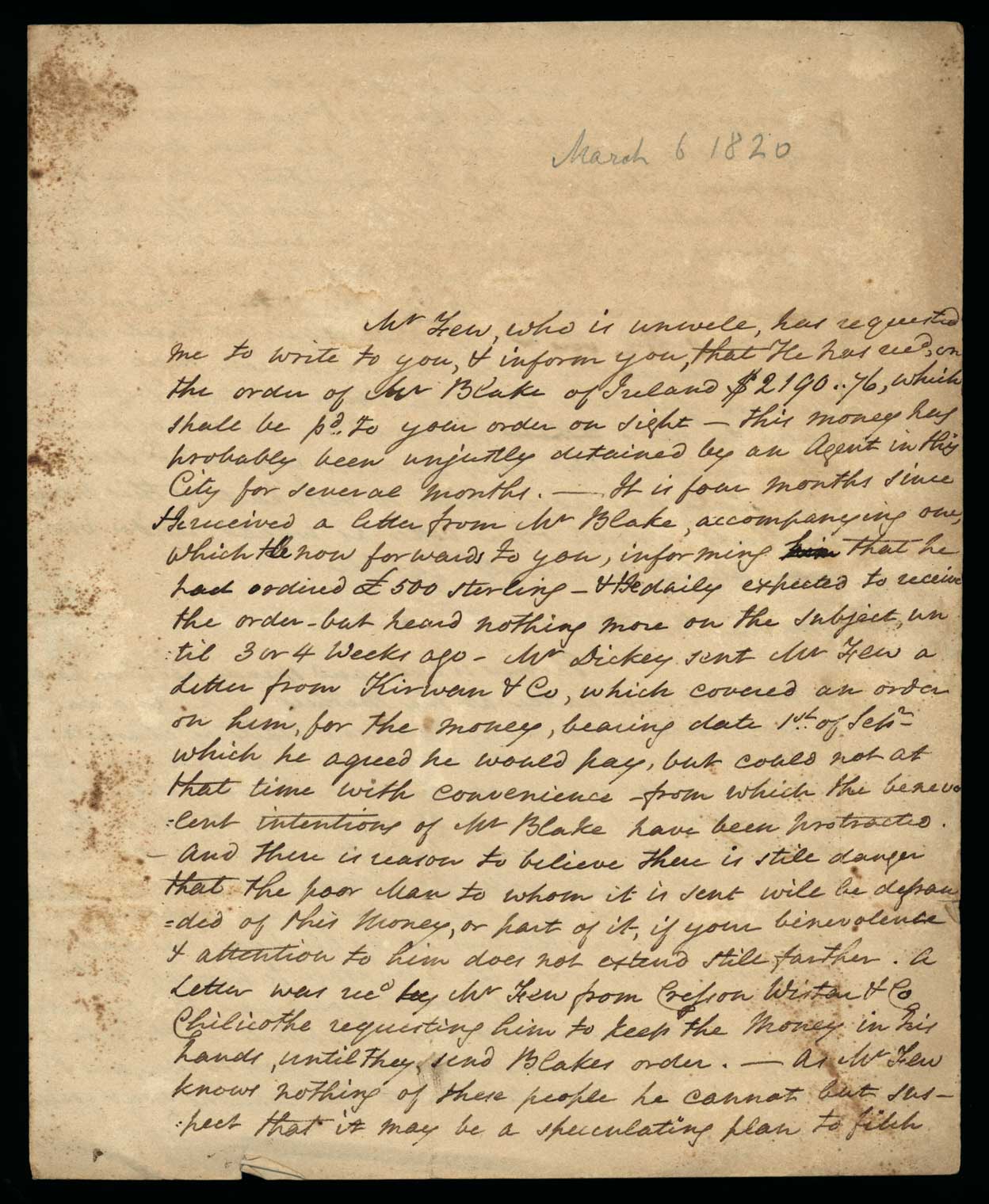 Letter. Catha[rin]e [Nicholson] Few, n. p., to James W. Nicholson Esqe, New Geneva, Pennsylvania, Page 1