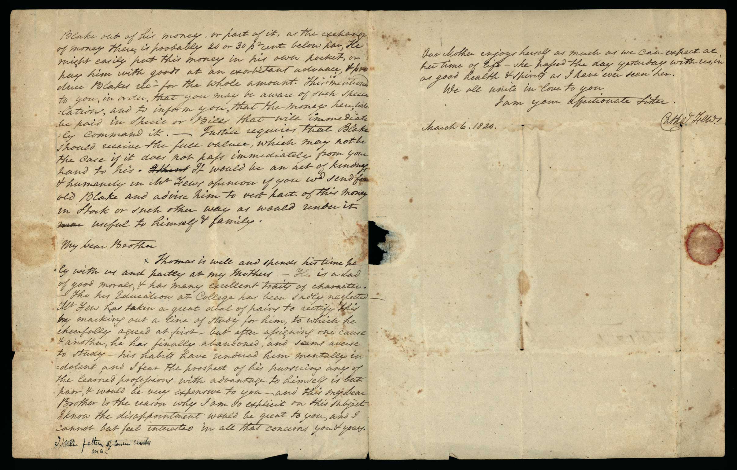 Letter. Catha[rin]e [Nicholson] Few, n. p., to James W. Nicholson Esqe, New Geneva, Pennsylvania, Pages 2 and 3
