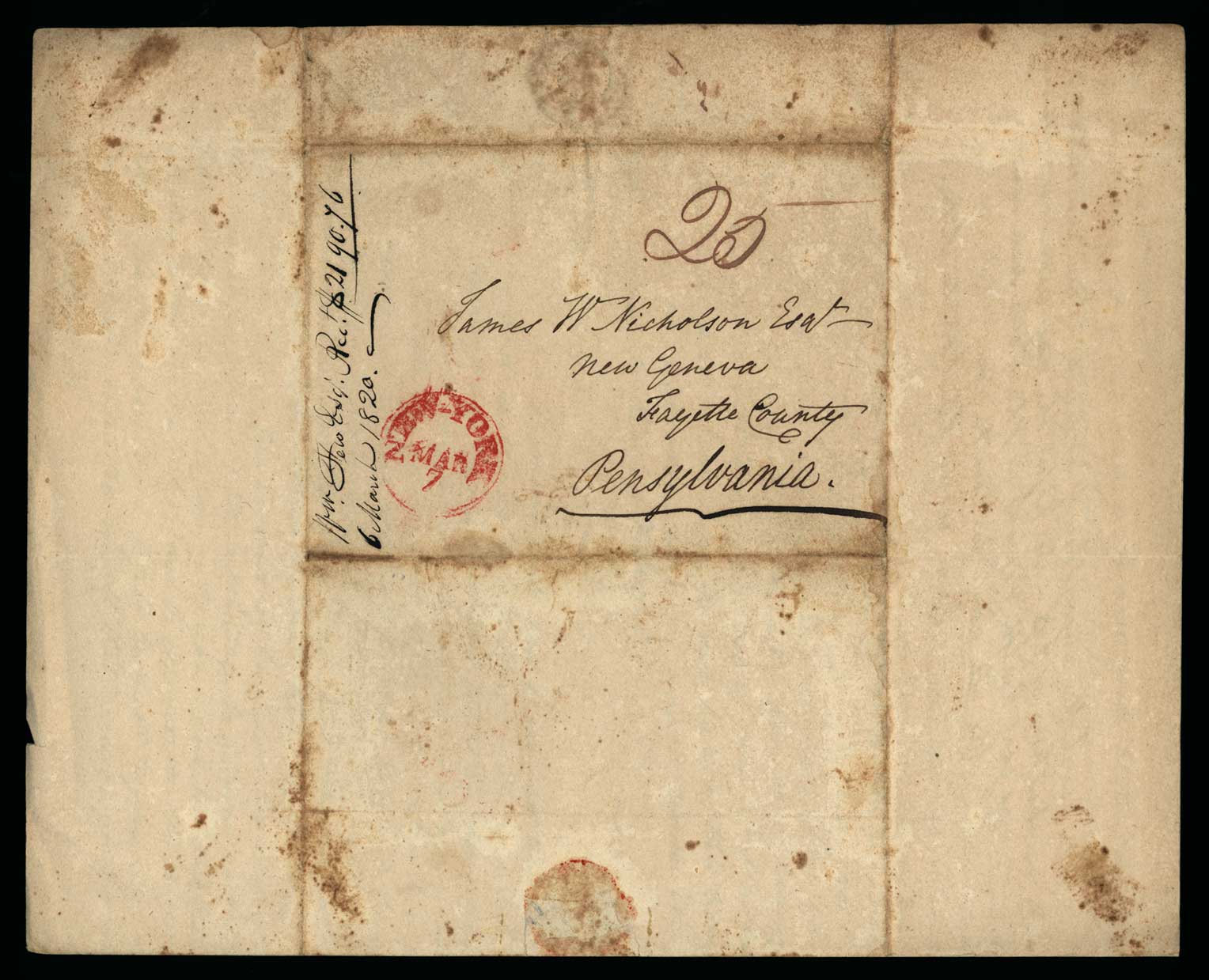 Letter. Catha[rin]e [Nicholson] Few, n. p., to James W. Nicholson Esqe, New Geneva, Pennsylvania, Address Leaf