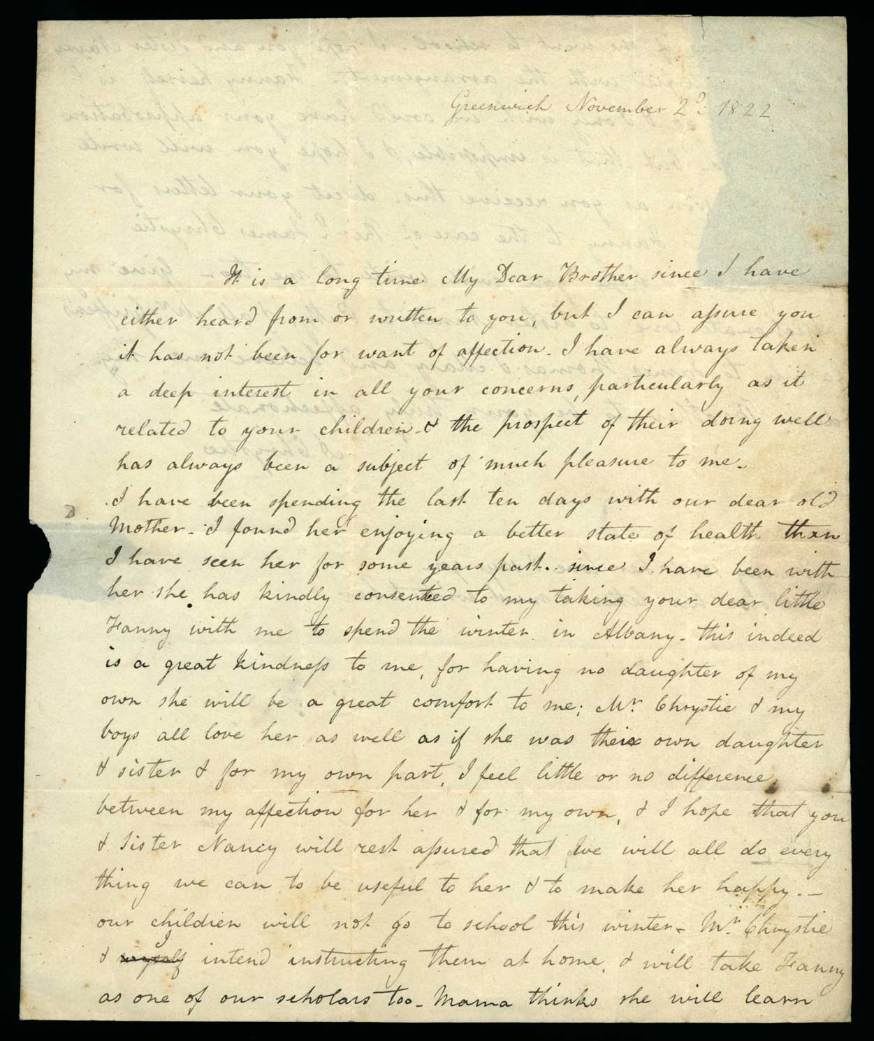 Letter. A[dden Nicholson] Chrystie, Greenwich, New York, to James W. Nicholson Esqre, New Geneva, Pennsylvania, Page 1