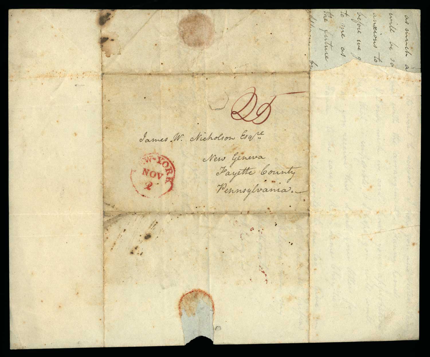 Letter. A[dden Nicholson] Chrystie, Greenwich, New York, to James W. Nicholson Esqre, New Geneva, Pennsylvania, Address Leaf