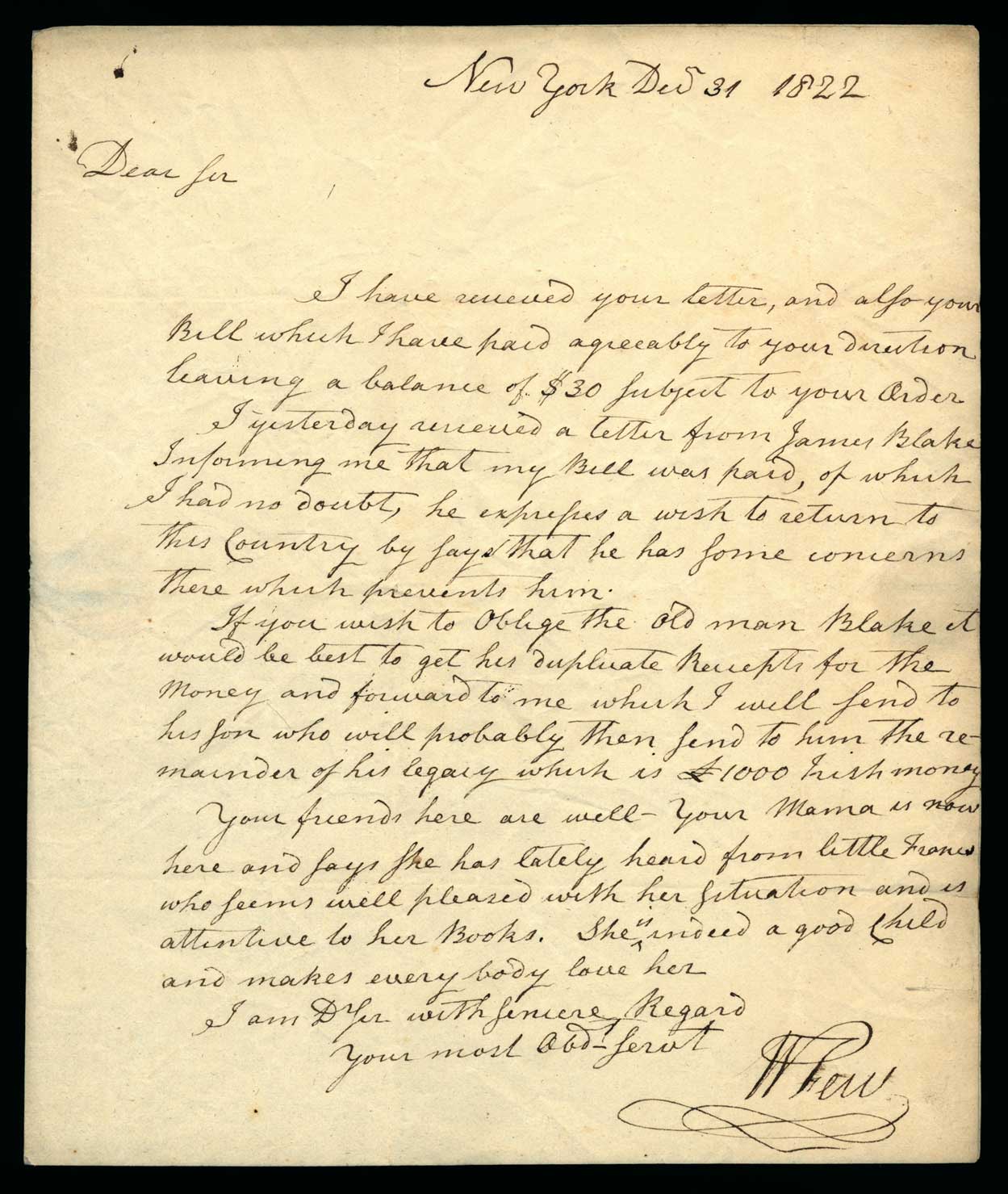 Letter. W[illiam] Few, New York, New York, to James W. Nicholson Esqe, New Geneva, Pennsylvania, Page 1