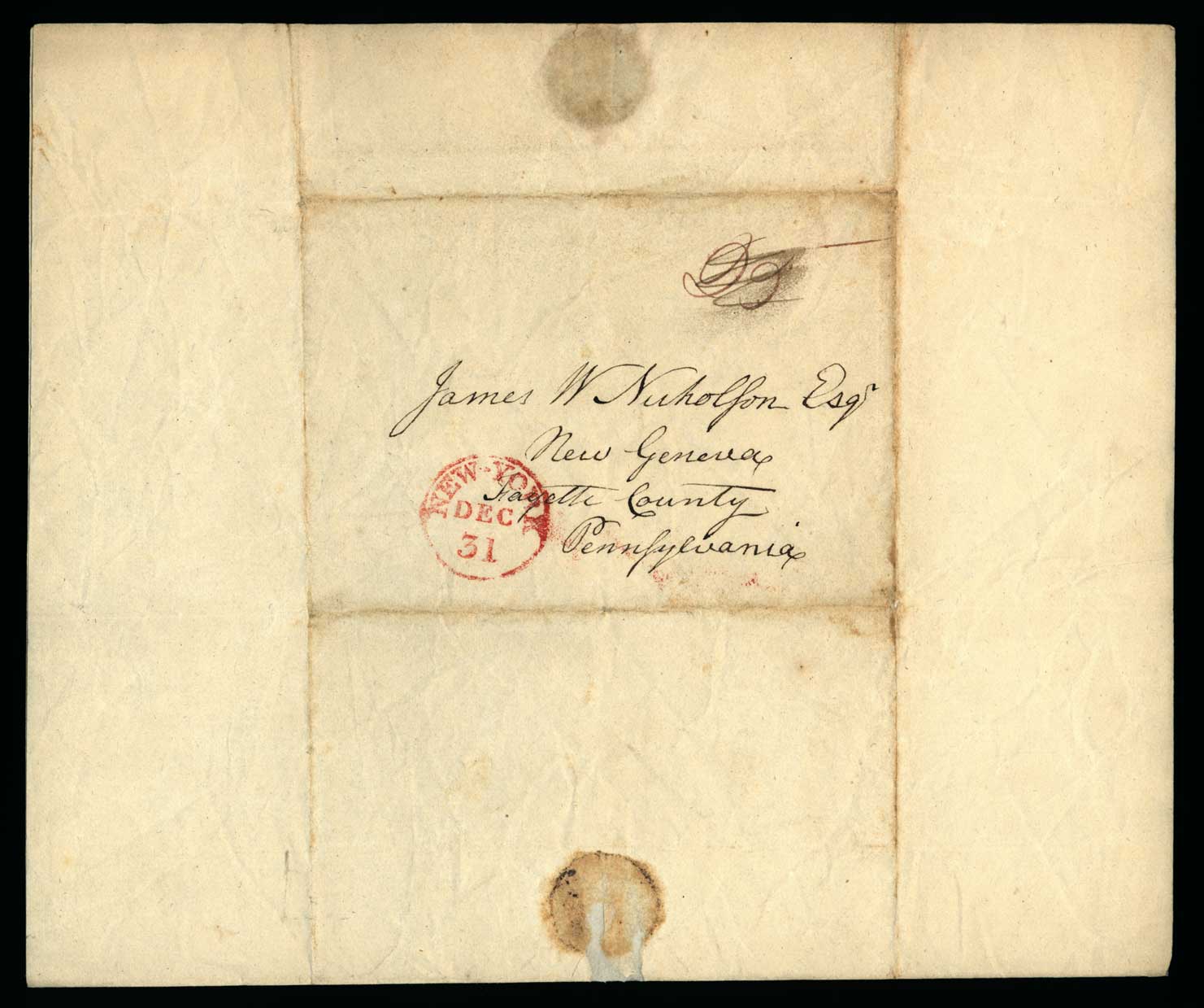 Letter. W[illiam] Few, New York, New York, to James W. Nicholson Esqe, New Geneva, Pennsylvania, Address Leaf