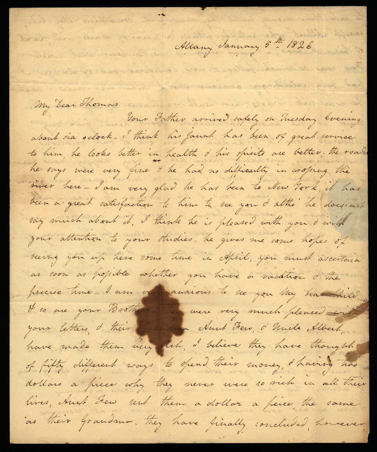 Letter. A[dden Nicholson] Chrystie, Albany, New York, to Master Thomas W. Chrystie, New York, New York, Page 1
