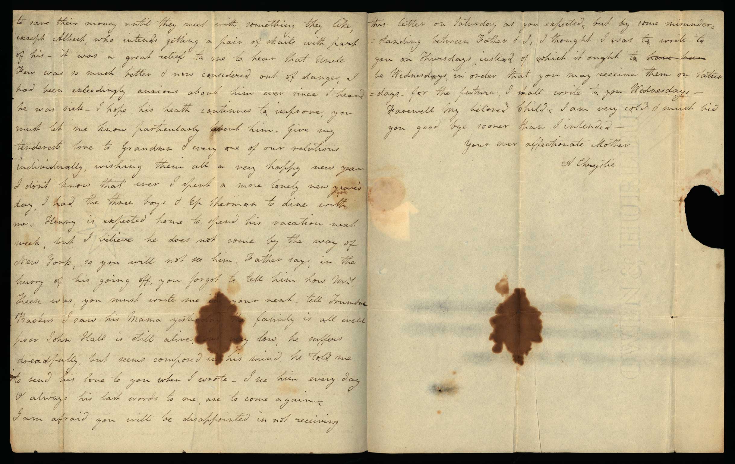 Letter. A[dden Nicholson] Chrystie, Albany, New York, to Master Thomas W. Chrystie, New York, New York, Pages 2 and 3