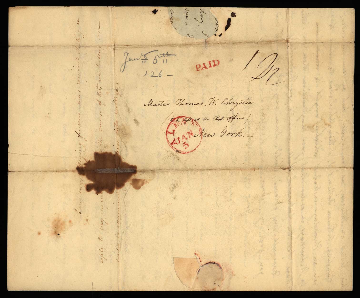 Letter. A[dden Nicholson] Chrystie, Albany, New York, to Master Thomas W. Chrystie, New York, New York, Address Leaf