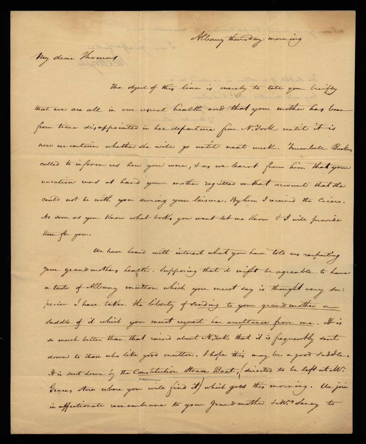 Letter. J[ames] W. Chrystie, Albany, New York, to Master Thomas W. Chrystie, New York, New York,[1826 March], Page 1