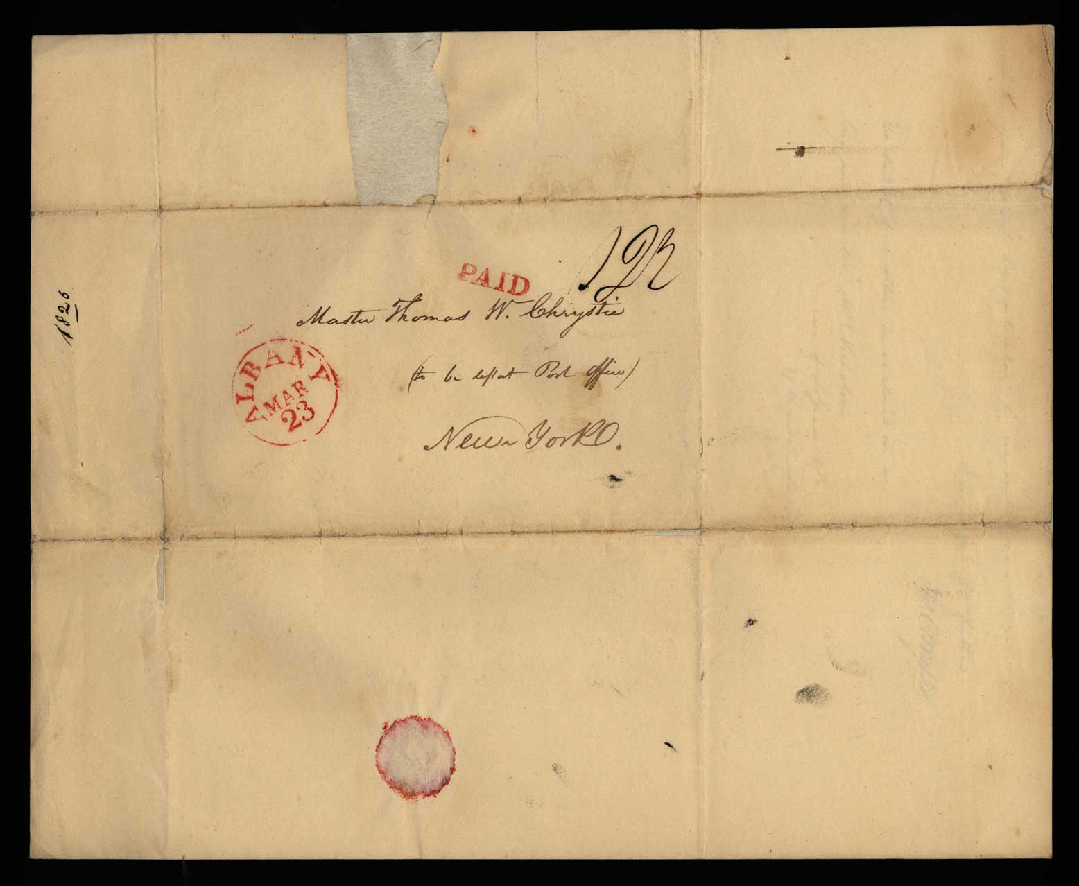Letter. J[ames] W. Chrystie, Albany, New York, to Master Thomas W. Chrystie, New York, New York,[1826 March], Address Leaf
