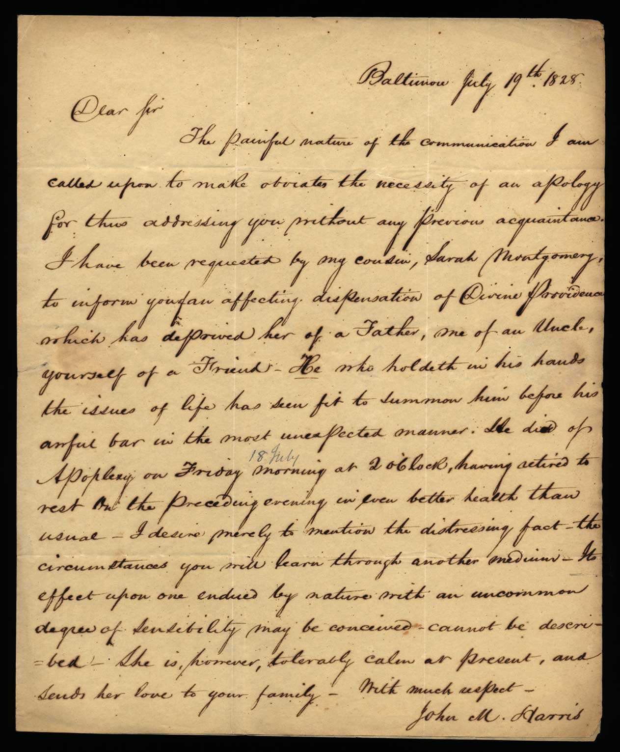 Letter. John M. Harris, Baltimore, Maryland, to James W. Nicholson Esqre, New Geneva, Pennsylvania, Page 1