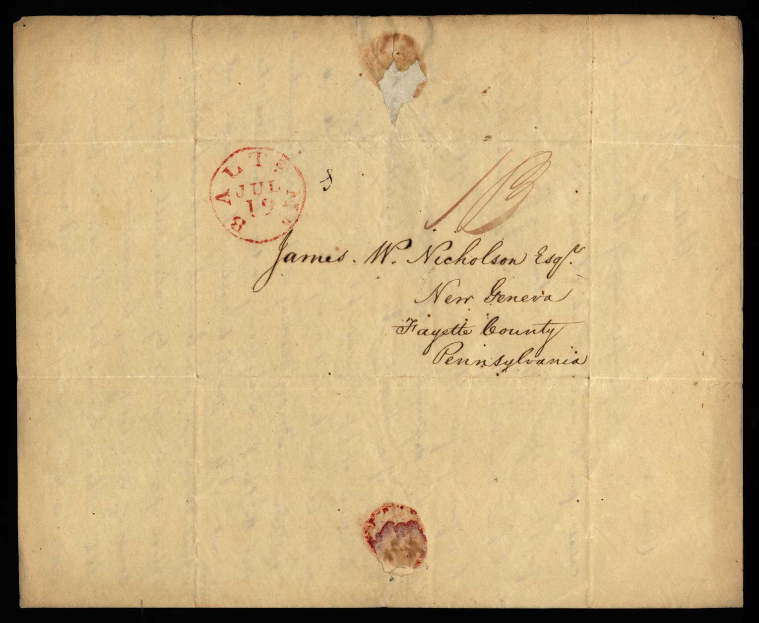 Letter. John M. Harris, Baltimore, Maryland, to James W. Nicholson Esqre, New Geneva, Pennsylvania, Address Leaf