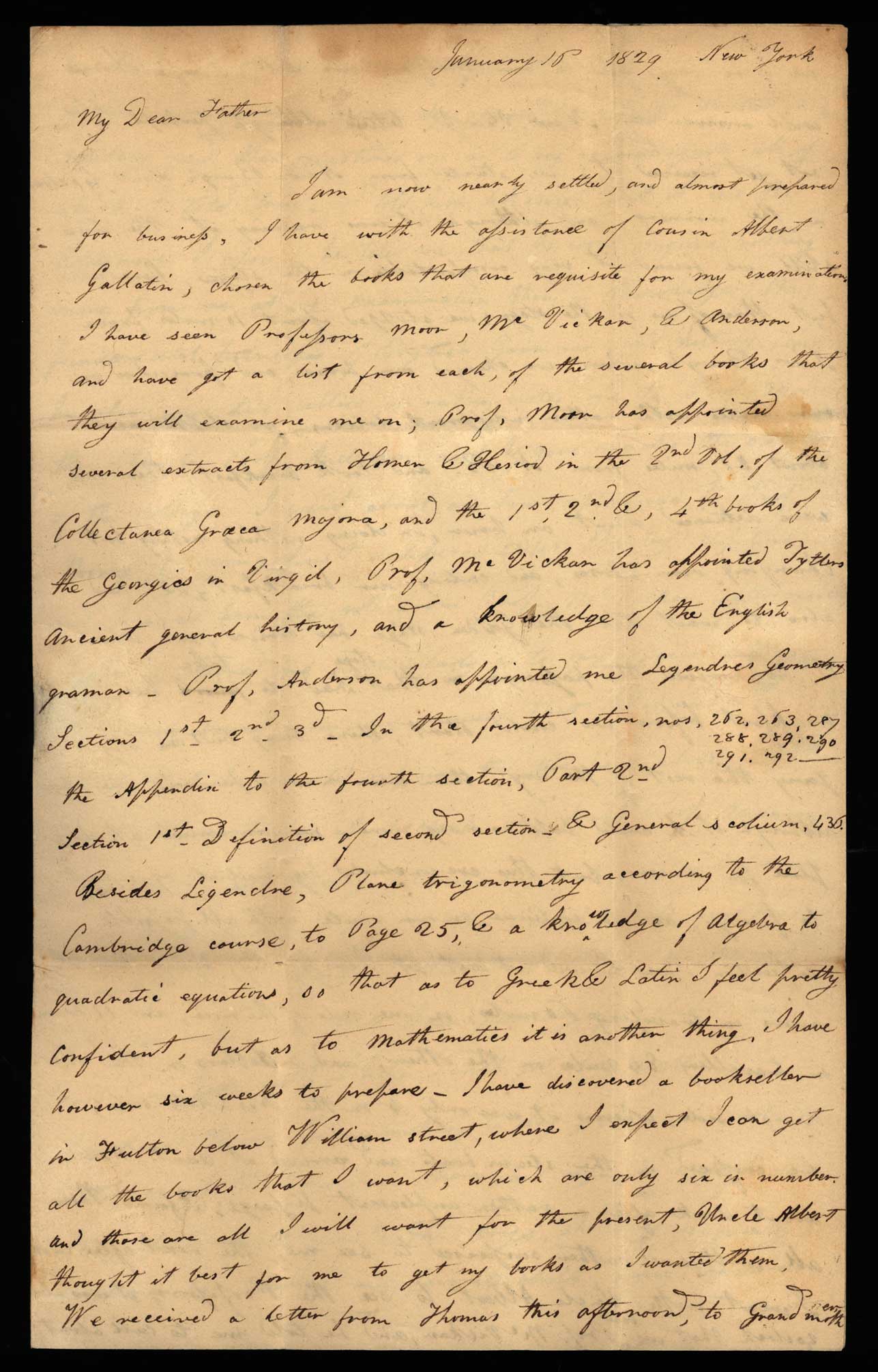 Letter. Ja[me]s Chrystie, New York, New York, to Rev. James [W.] Chrystie, Albany, New York, Page 1